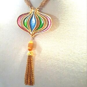 Vtg 1960s R Mandle Op Art Enamel Tassel 3 Chain Runway Choker Necklace